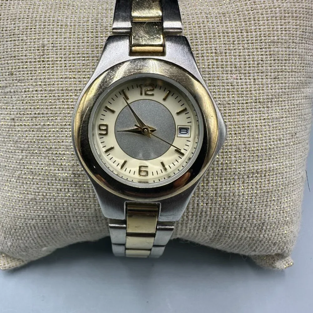 3/$30 Mitre Watch Women Silver Gold Two Tone Date Window New Battery 7.5 Inch